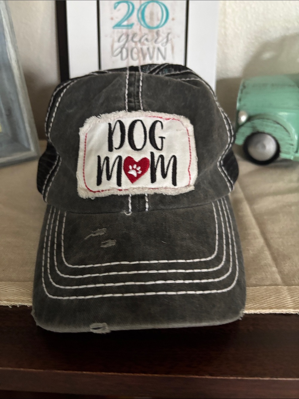 Dog Mom Embroidered Distressed Cap - Black